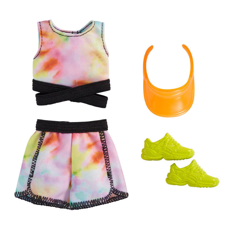 Barbie Fashion Pack with Tie-Dye Athletic Top & Shorts, Orange Visor & Yellow Sneakers